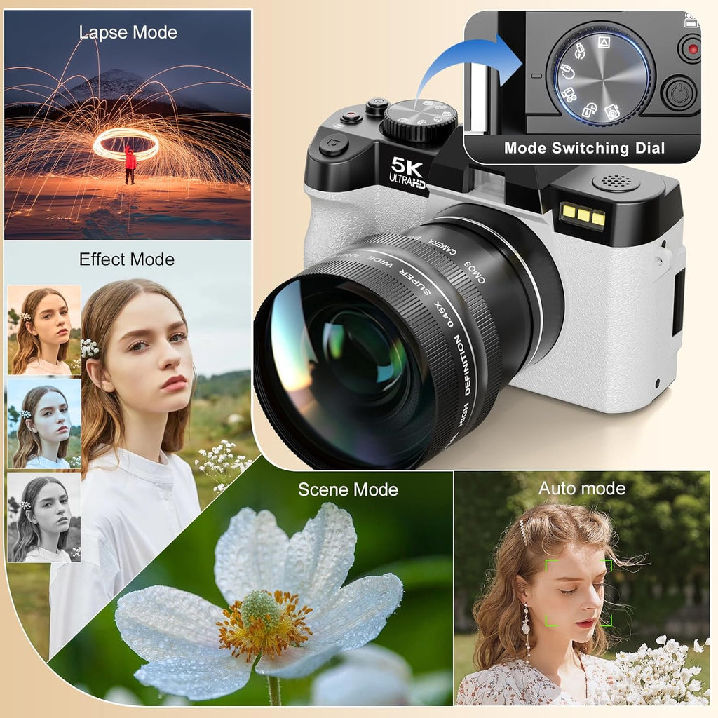 NBD 5K Digital Cameras for Photography - 16X Zoom Travel Camera with 180° Flip Screen, 64MP Vlogging Cameras Fotograficas for YouTube, Auto Focus, Macro Lens, 2 Batteries & 64GB TF Card（White）