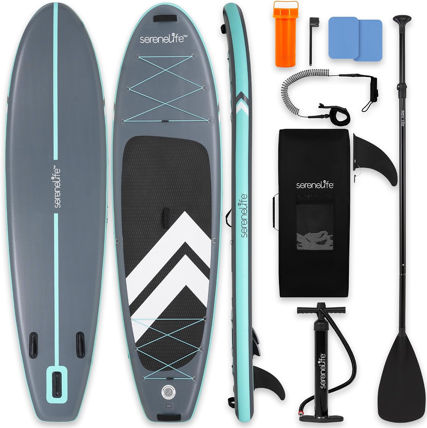 SereneLife Ultra-Light Inflatable Stand Up Paddle Board with Premium SUP Accessories - Extra Wide Stable Design with Non-Slip EVA Deck Pad for Youth and Adults of All Skill Levels - 350 lbs Capacity