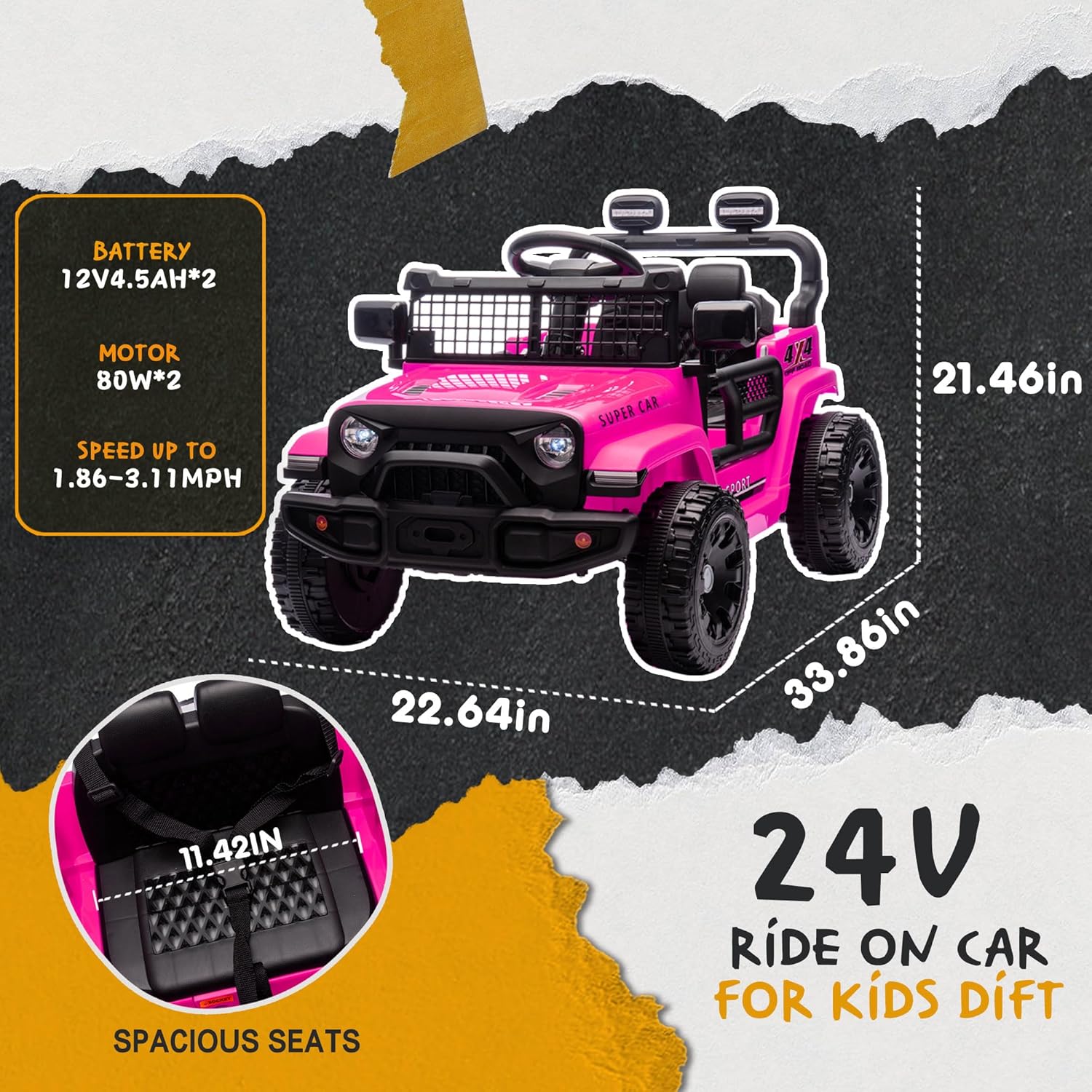 24V Ride On Jeep Car, Toddler Ride On Toys w/Parents Remote Control, One Seat Electric Car for Kids 2-4 with 4-Wheel Suspension, Bluetooth, Music, 1.86-3.11MPH Adjustable Speed, Pink