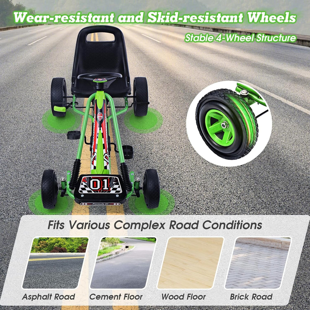 HONEY JOY Go Kart for Kids, 4 Wheel Quad Off-Road Pedal On Foot Go Cart w/Steering Wheels & Adjustable Seat, 2 Safety Brakes, EVA Tires, Clutch, Outdoor Racer Ride On Pedal Car (Green)