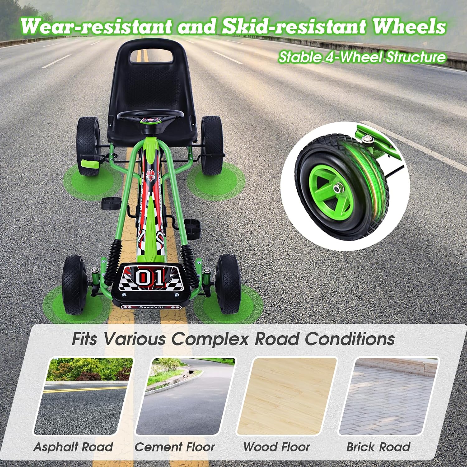 HONEY JOY Go Kart for Kids, 4 Wheel Quad Off-Road Pedal On Foot Go Cart w/Steering Wheels & Adjustable Seat, 2 Safety Brakes, EVA Tires, Clutch, Outdoor Racer Ride On Pedal Car (Green)