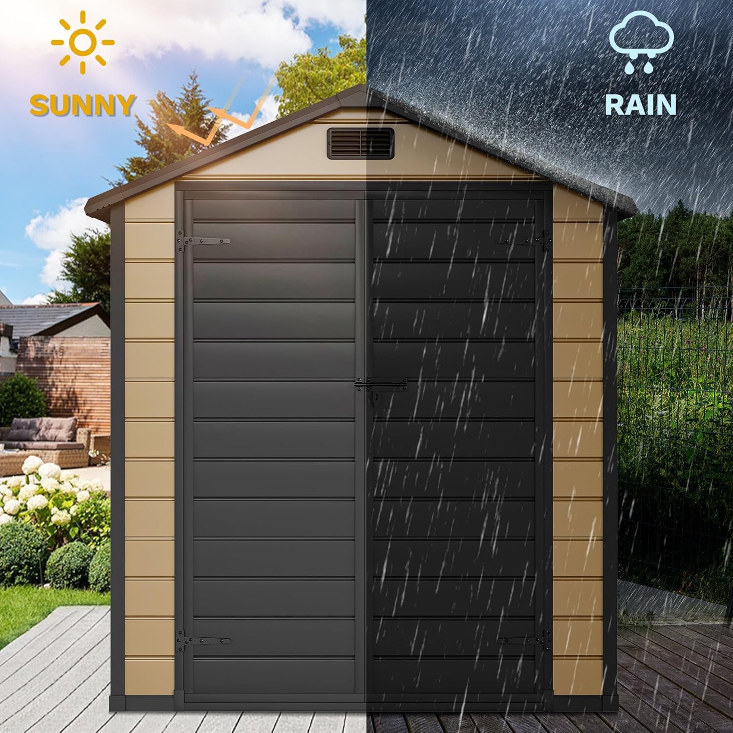 DWVO 6x4 FT Resin Storage Shed with Floor, Outdoor Storage Shed with Lockable Door, Window and Vents, Waterproof Plastic Tool Storage for Garden, Patio, Backyard, Lawn