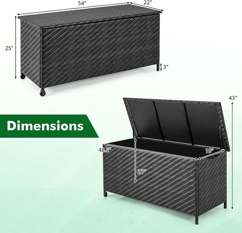 Tangkula Tightly-Woven Rattan Deck Box, Patiojoy Storage Cabinet Container with Polyester Liner, Universal Wheels & Gas Strut, 85 Gallon Indoor Outdoor Storage Box for Pillows, Cushions (Black)