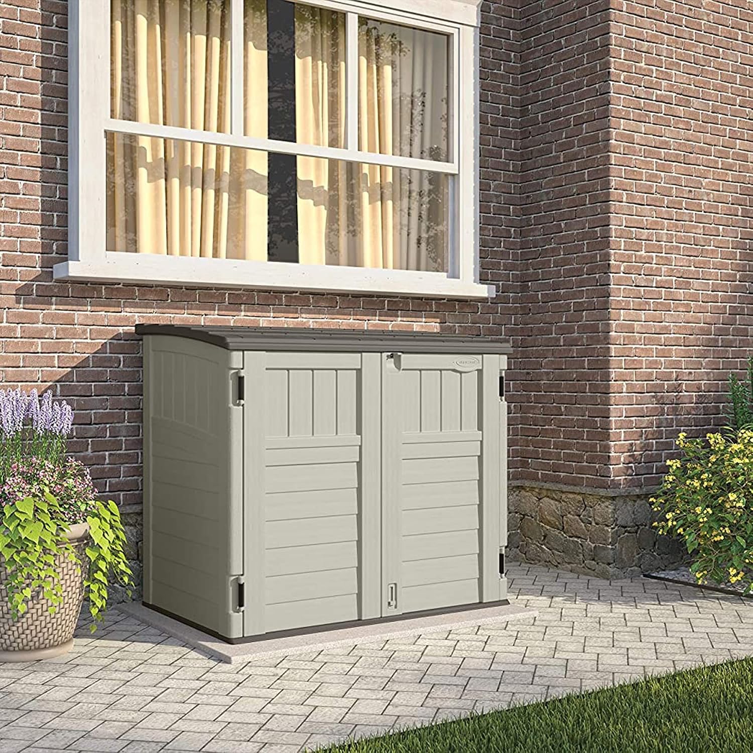 Suncast 2 Pack 34 Cu Ft Capacity Horizontal Outdoor Storage Shed for Garbage Cans, Garden Accessories, Backyard, and Patio Use, Vanilla