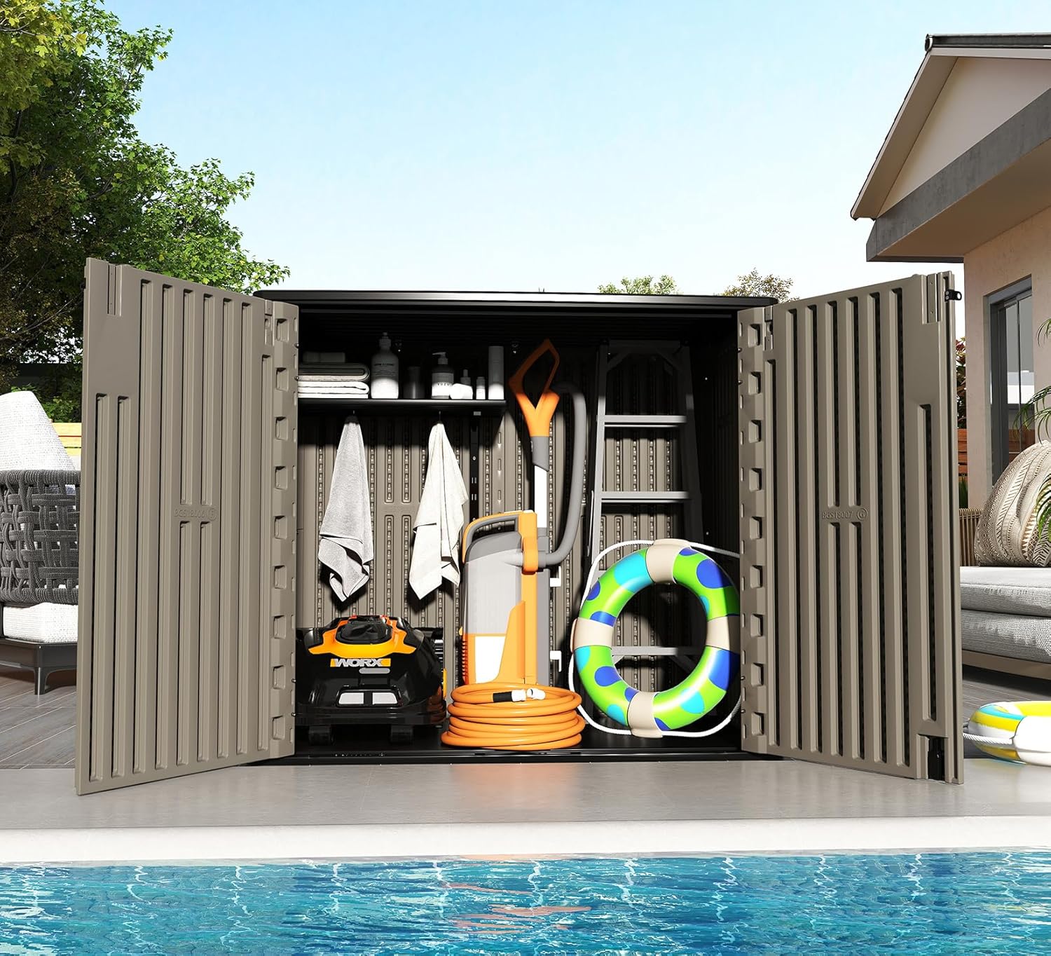 ZZM 37 Cu.ft Outdoor Storage Shed with Floor HDPE Double-Wall Resin Sheds Outdoor Storage, Lockable Weatherproof Storage Cabinet Fit for Garden Tools, Garage can, Bike, Patio Furniture, Brown
