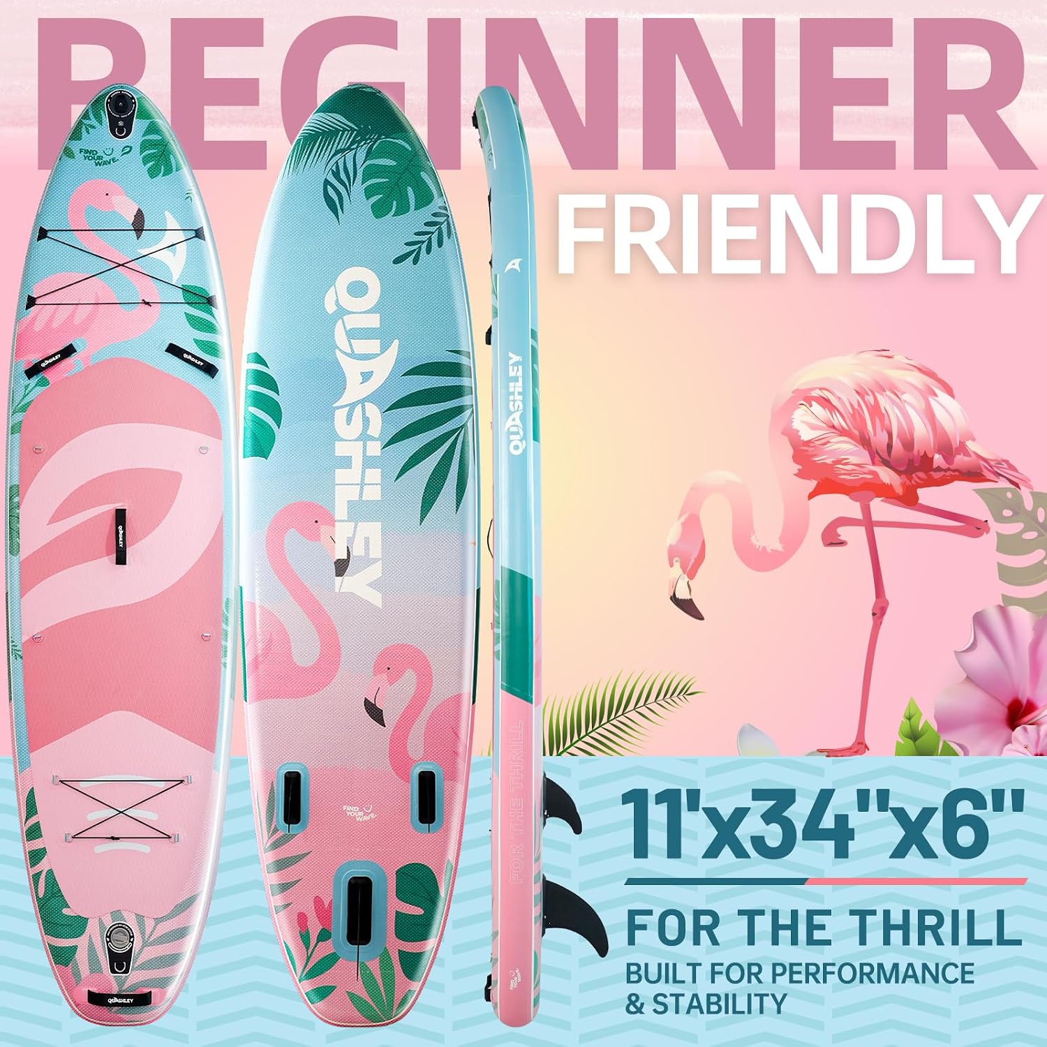 Quashley Inflatable Paddle Board Extra Wide Stand Up Paddleboards 11'×34' with All Premium Paddle Board Accessories,Inflatable SUP for Adults/Family,Beginner-Friendly,Removable Fin,Hand Pump