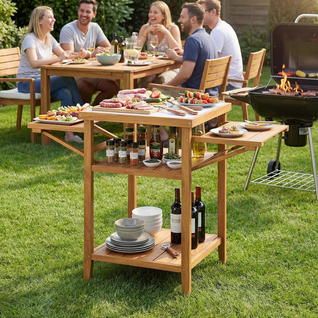 HAPPYGRILL Outdoor Wood Grill Table, Outside Kitchen Island & BBQ Prep Table w/Faux Marble Top, Drop-Leaf Side Panels & 2-Tier Open Shelves, Acacia Wood Pizza Oven Grill Cart for Patio Backyard Party