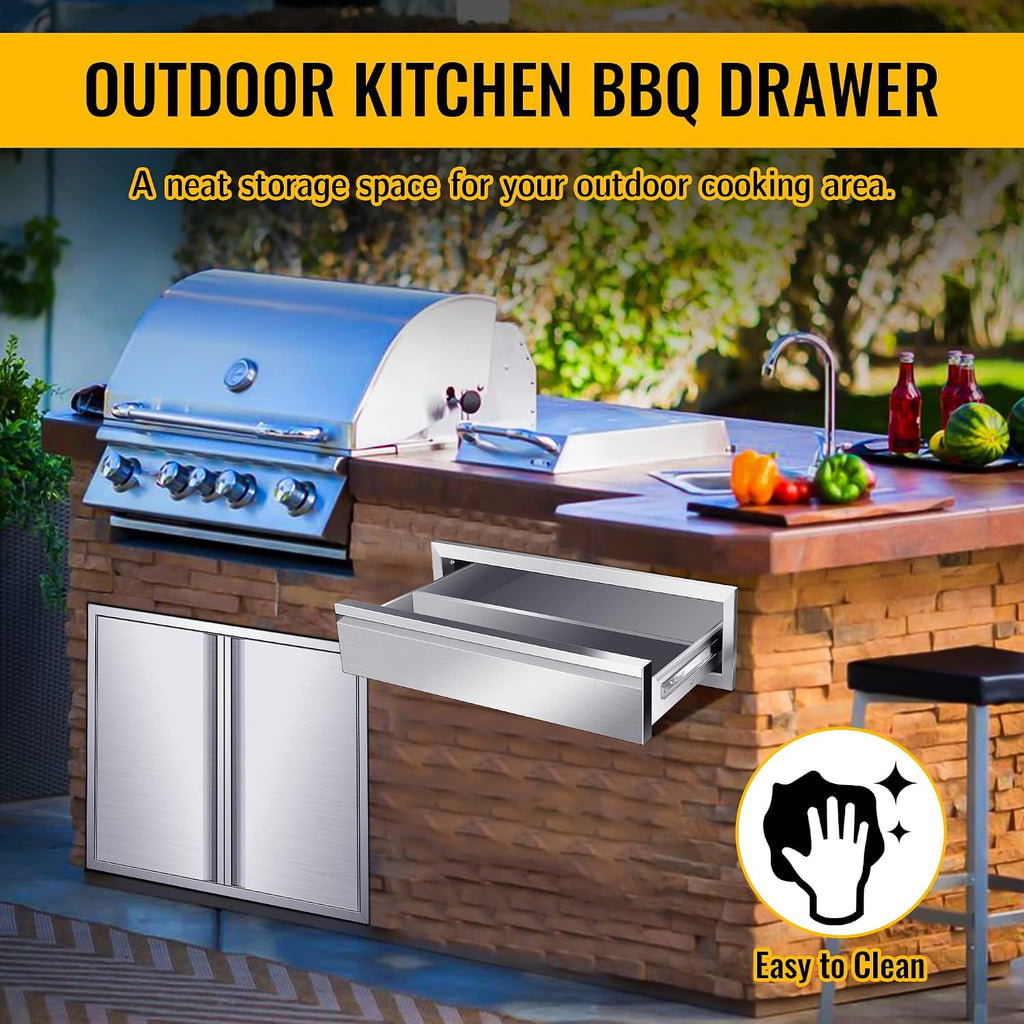 Outdoor Kitchen Drawers, 30W x 6.5H x 23D Inch Stainless Steel Flush Mount BBQ Single Drawer for Outdoor Kitchen Island, or Patio Grill Station