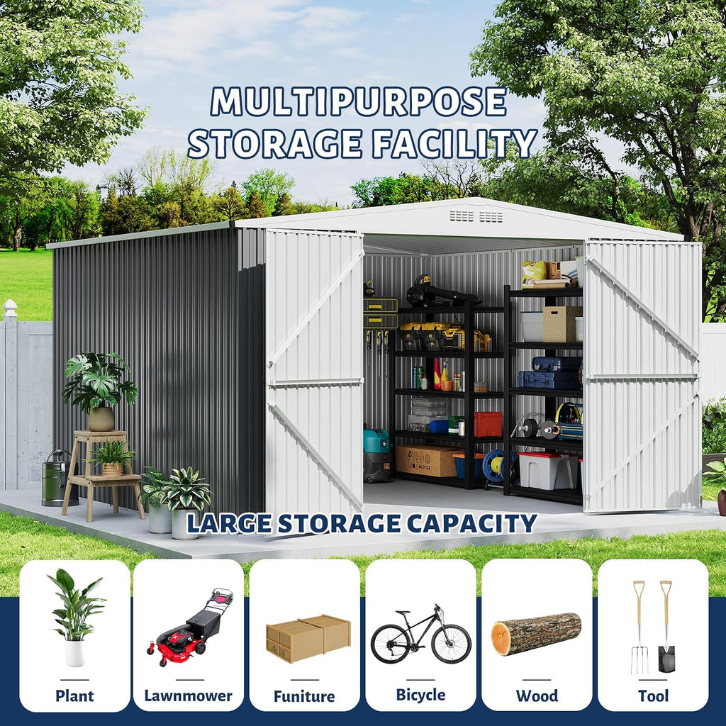 GarveeLife 9x12 Shed for Outdoor Storage, Galvanized Steel Metal Tool Sheds House with Lockable Doors, Lock & Air Vent, Large Utility Sheds for Patio Garden Lawn (9x12.6, Grey)