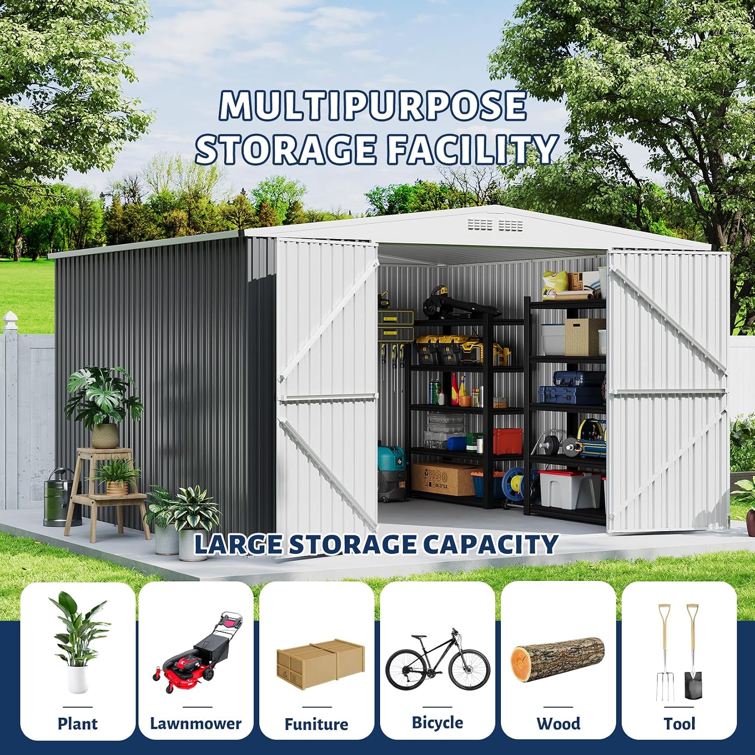 GarveeLife 9x12 Shed for Outdoor Storage, Galvanized Steel Metal Tool Sheds House with Lockable Doors, Lock & Air Vent, Large Utility Sheds for Patio Garden Lawn (9x12.6, Grey)
