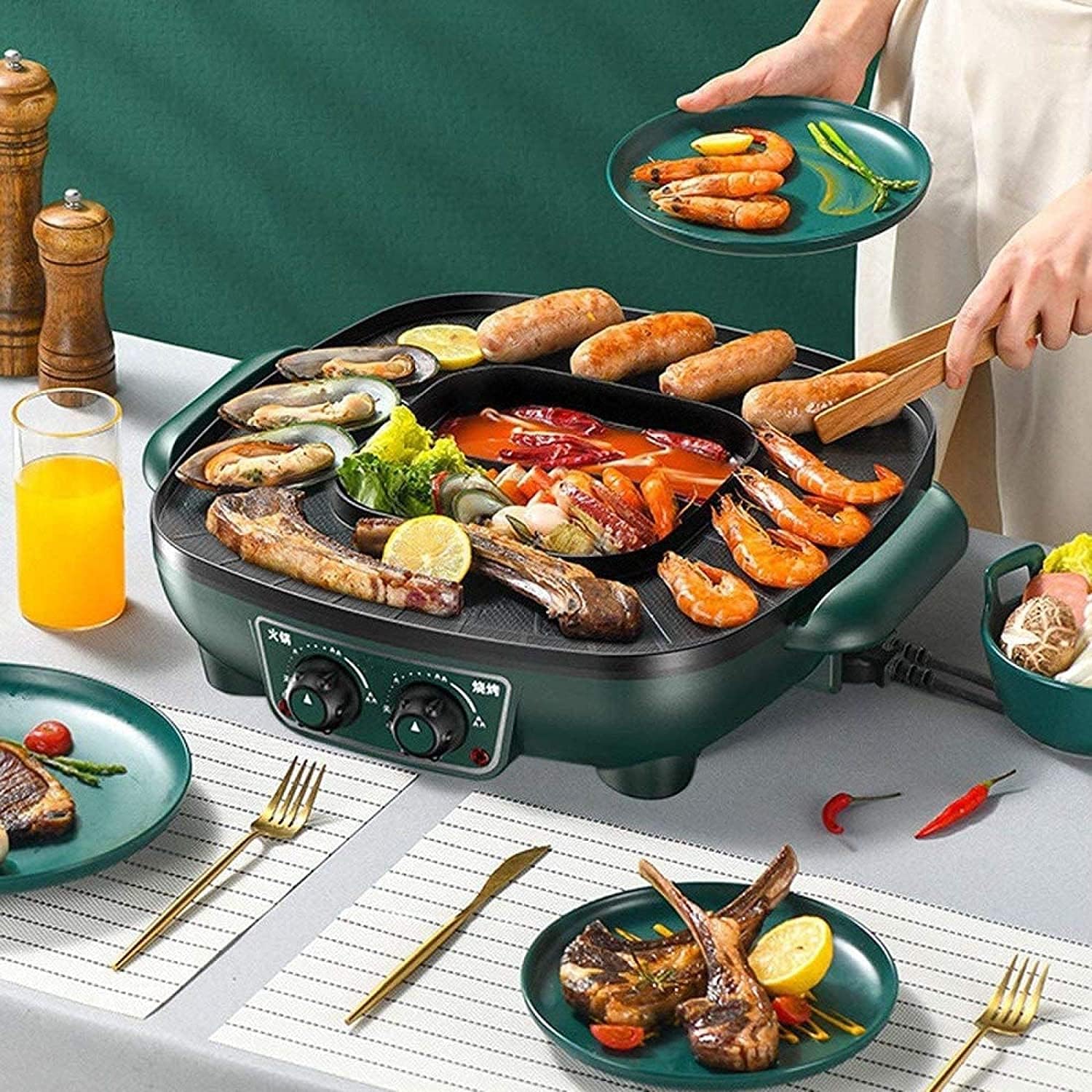 Electric BBQ Grill Indoor Hot Pot Grilling Integrated Pot Independent Temperature Control Fast Heating Electric Pot Household Smokeless Non-stick Electric Oven