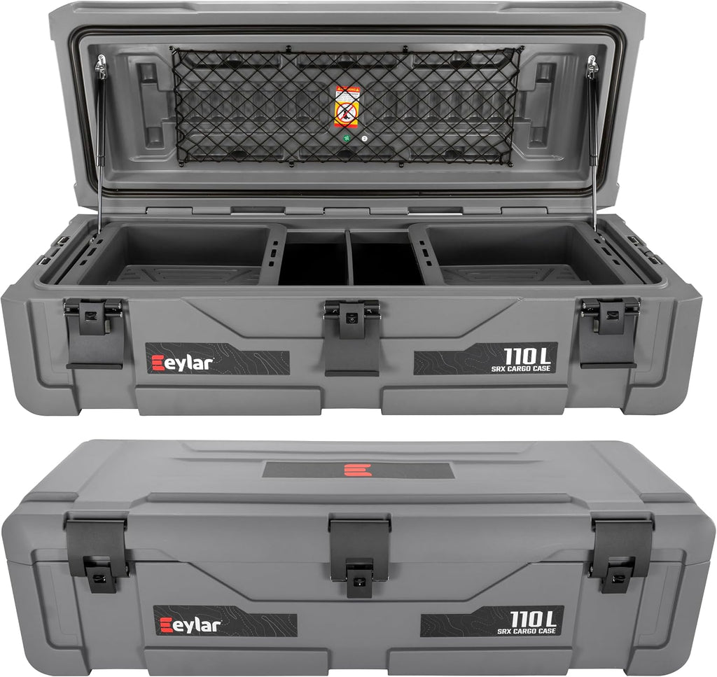 SRX-110 Overlanding Cargo Case – 110L Waterproof Storage Box for Camping, Off-Road & Truck Bed Gear – Heavy-Duty Lockable Storage with Gas Strut Lid, Stackable Design & Interior Organizer Tray (Gray)
