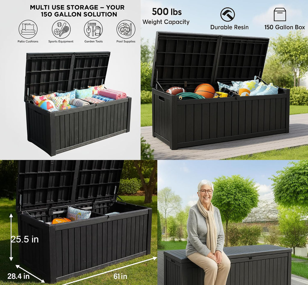 BTEXPERT 150 Gallon Outdoor Storage Container Deck Box with Metal Support Rods for Patio Furniture Garden Tools Cushions Waterproof Lockable UV Resistant Resin
