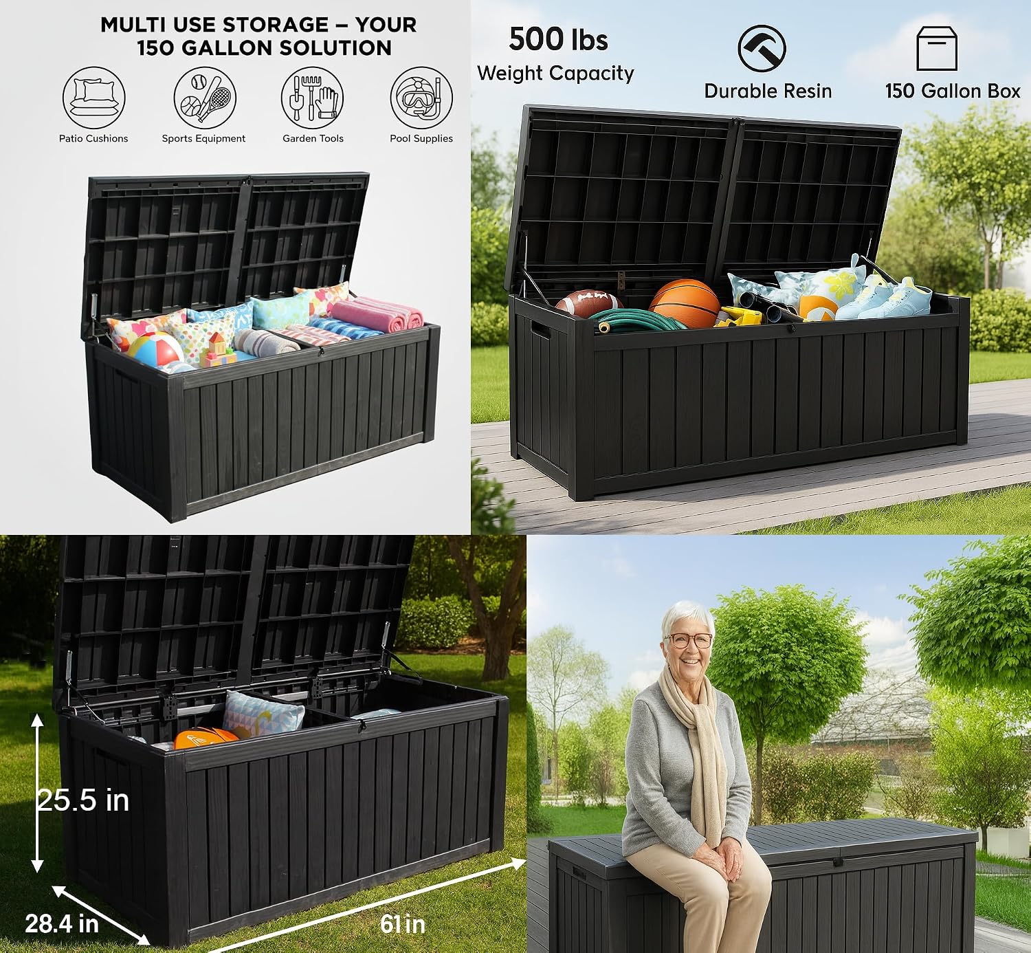 BTEXPERT 150 Gallon Outdoor Storage Container Deck Box with Metal Support Rods for Patio Furniture Garden Tools Cushions Waterproof Lockable UV Resistant Resin