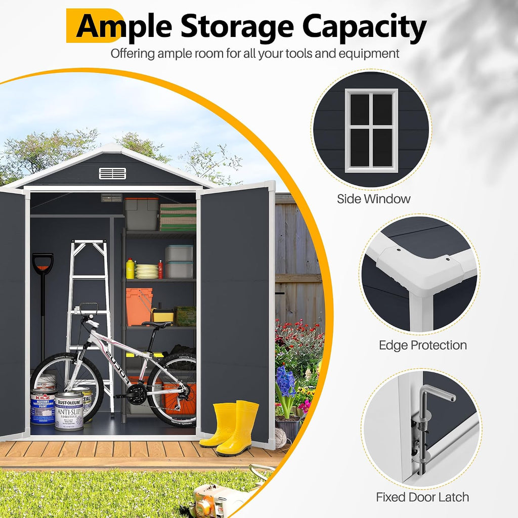HUGROVE 6×4ft Outdoor Storage Shed with Floor, Waterproof & UV-Resistant Resin Garden Shed for Backyard with Lockable Double Doors, Air Vents & Side Window (Dark Gray)