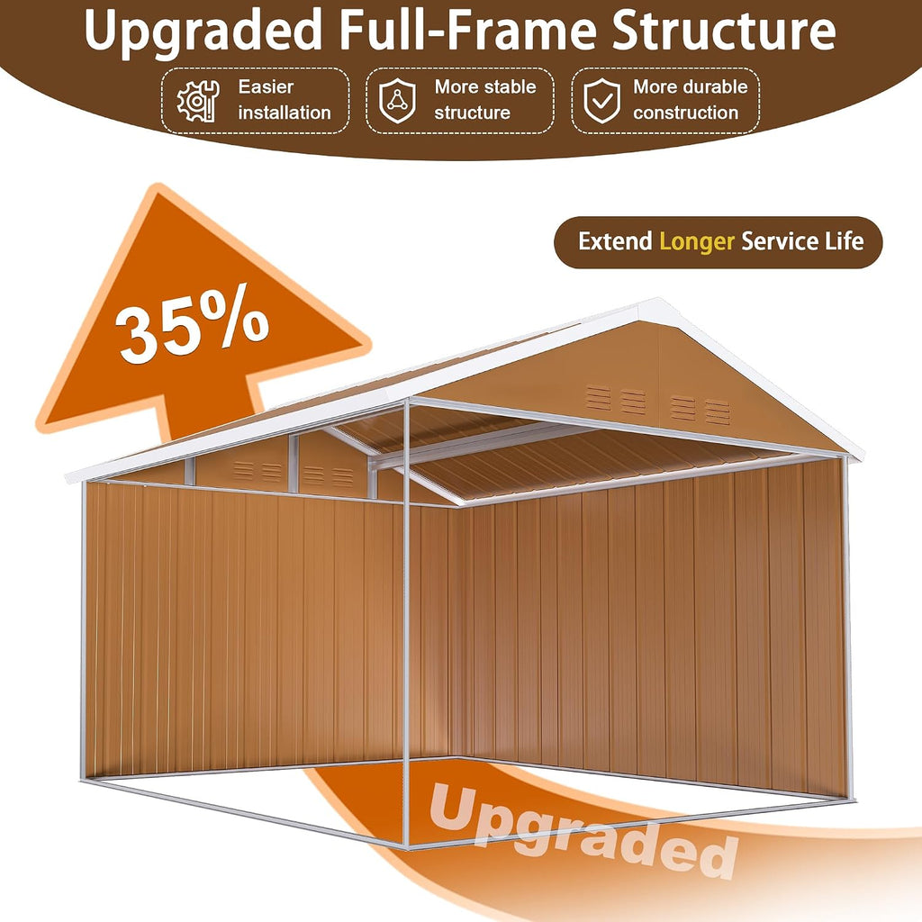 8x10 FT Heavy-Duty Metal Tool Shed with Windows, Lockable Door & Ventilation, Weatherproof Outdoor Garden Storage Shed for Backyard, Lawn, and Tool Organization, Brown