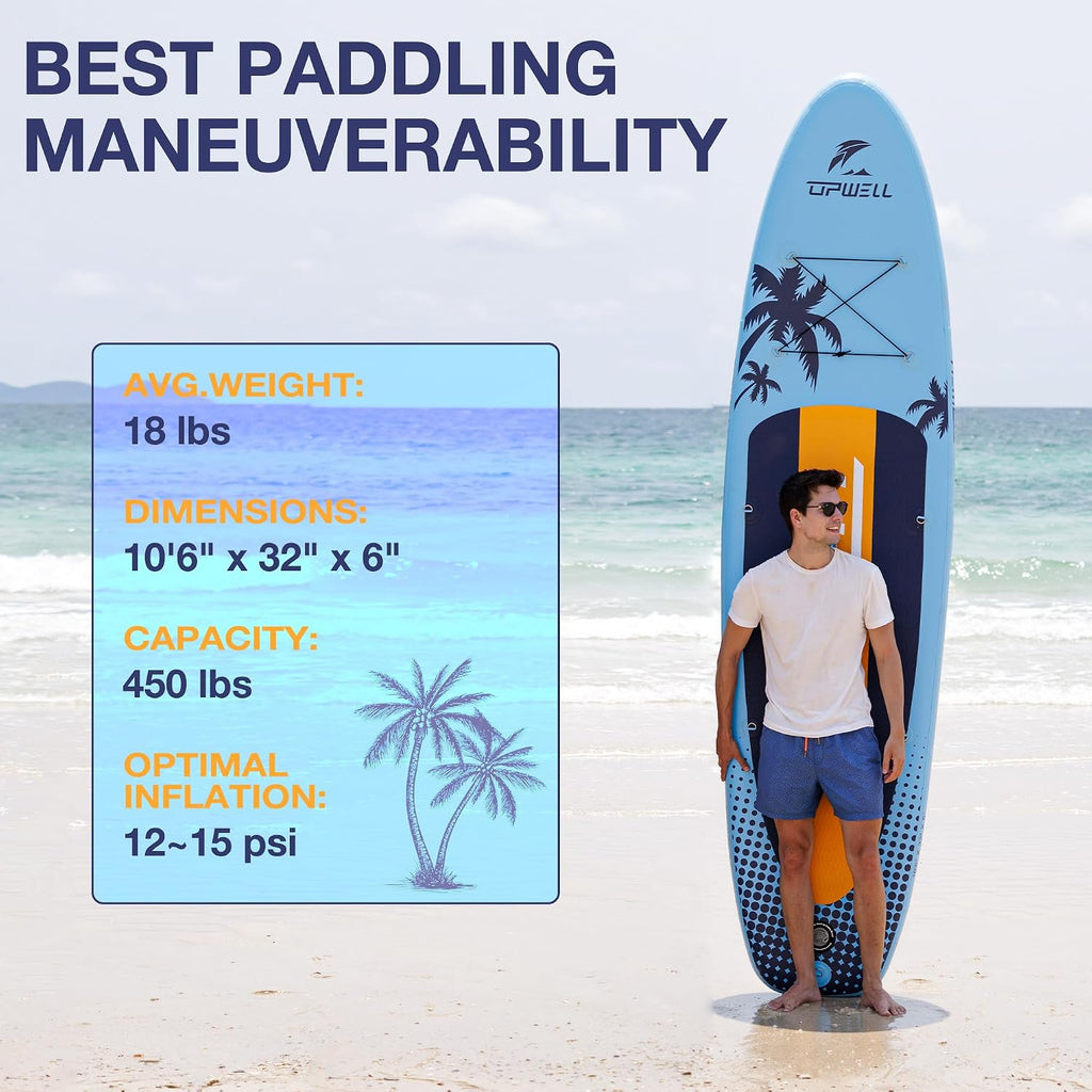 UPWELL 10'6'/11'/11'6' Inflatable Paddle Board, Stand Up Paddlboard for Youth & Adults, Stable Design, Premium SUP Accessories, Backpack, Leash, Hand Pump, Fins