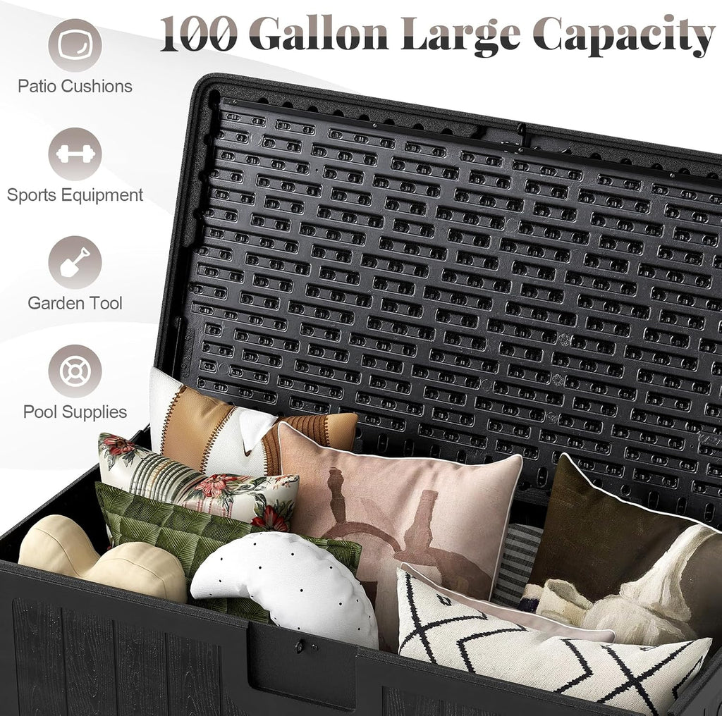 HAPPYGRILL Outdoor Storage Deck Box with Lockable Design & Gas Strut, Handle, 100 Gallon HDPE Patio Storage Organizer for Lawn Backyard Poolside (Black)