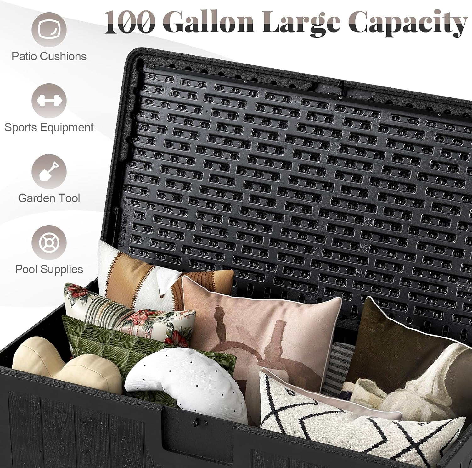 HAPPYGRILL Outdoor Storage Deck Box with Lockable Design & Gas Strut, Handle, 100 Gallon HDPE Patio Storage Organizer for Lawn Backyard Poolside (Black)
