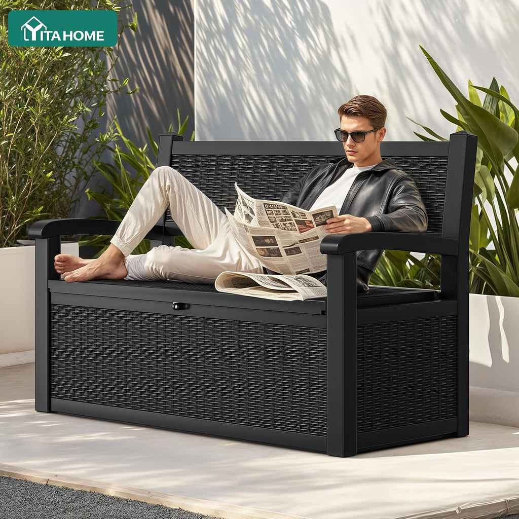 YITAHOME 70 Gallon Deck Bench with Storage, Outdoor Storage Box Bench with Armrests for Patio Garden Pool Porch, Waterproof&Lockable, Black