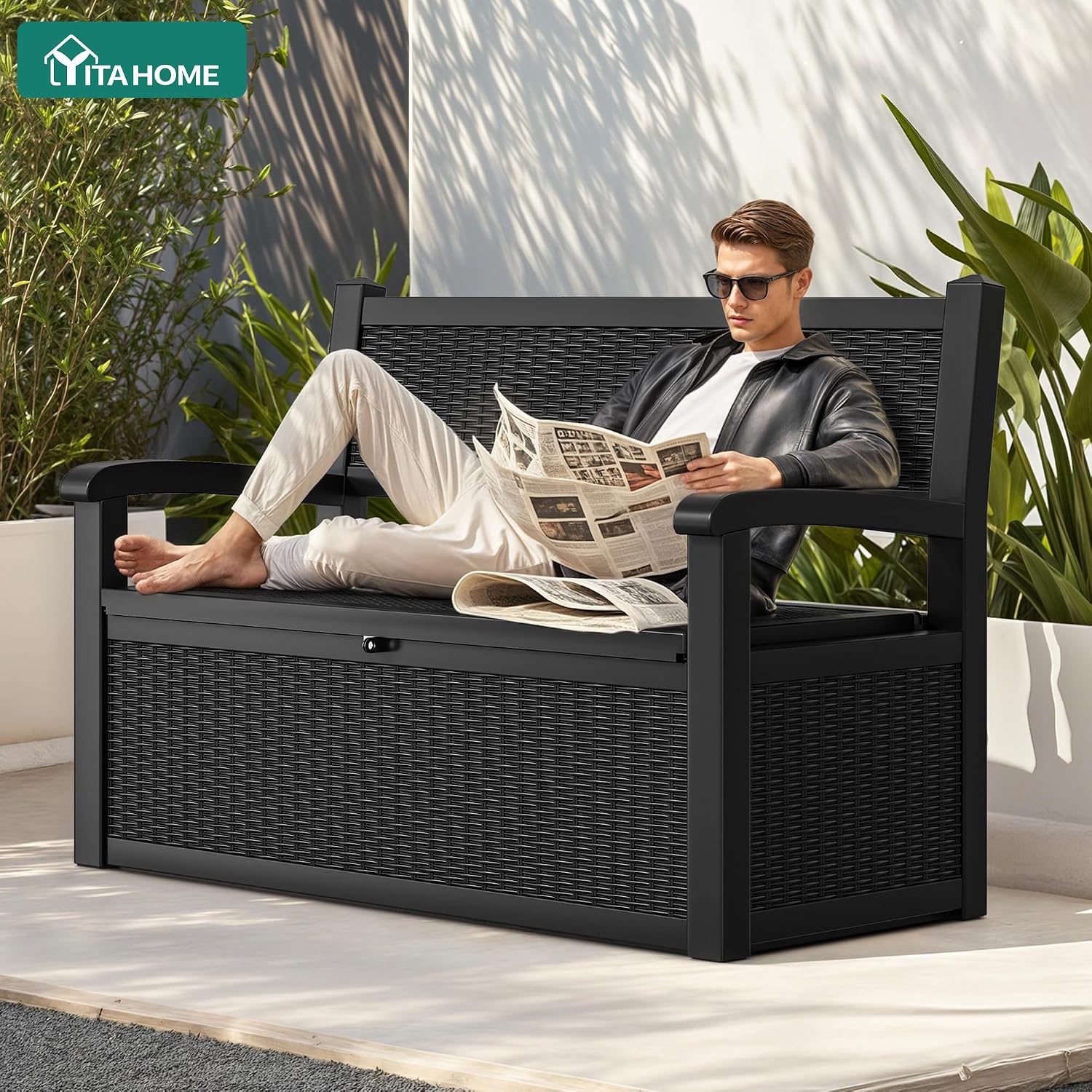 YITAHOME 80 Gallon Storage Bench Deck Box, Lockable Patio Bench with Hidden Storage, Waterproof Outdoor Pool Deck Storage for Patio Cushions, Garden Tools and Pool Supplies, Black