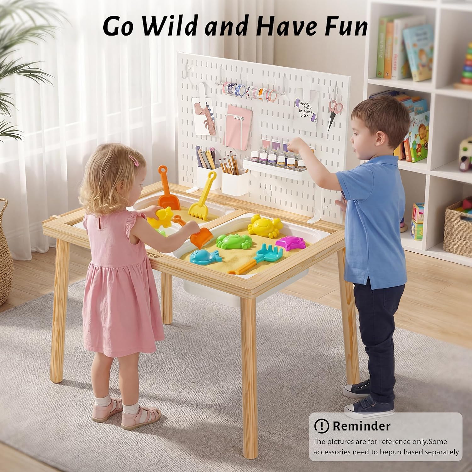 Easyego Sensory Table for Toddlers Kids Play Wooden Sand Water Table with Can DIY Creation Pegboard & Foldable Storage Bins for Indoor and Outdoor Use,Birthday Gifts for Boys and Girls - Natural Color