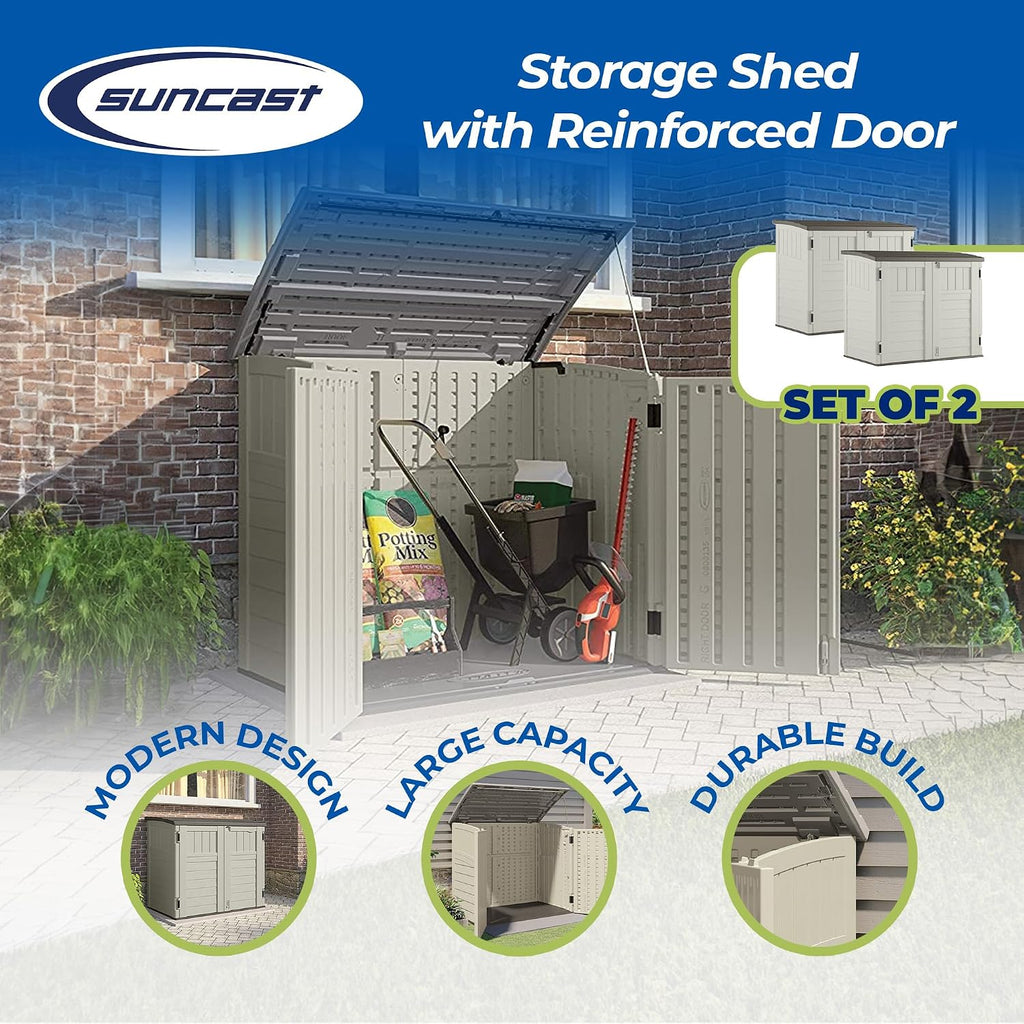 Suncast 2 Pack 34 Cu Ft Capacity Horizontal Outdoor Storage Shed for Garbage Cans, Garden Accessories, Backyard, and Patio Use, Vanilla