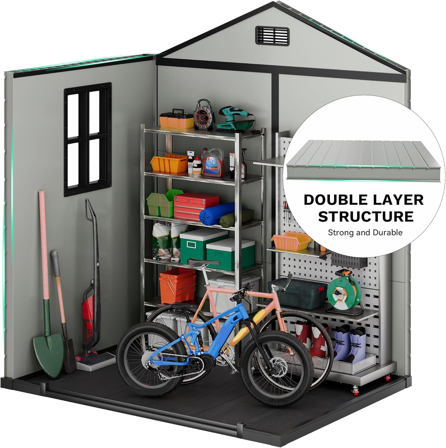 DWVO 6x4.4 FT Resin Storage Shed with Fence-Style and Side Windows, Lockable Door, and Vents Outdoor Storage Shed for Garden, Backyard, Patio, Lawn