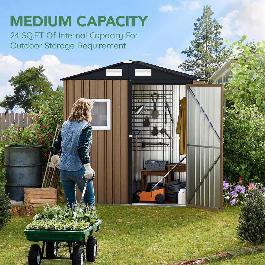 MistMo 6X4FT Outdoor Steel Storage Shed with Lockable Doors, One Window,Ideal for Garden, Backyard, Patio Storage,Brown