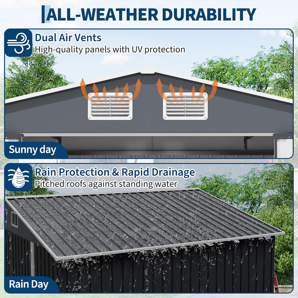 Garvee 10 x 12 ft Outdoor Storage Shed, Heavy-Duty Waterproof Tool Shed Storage with Lockable Door, Vents and Updated Frame Structure, Large Metal Tool Shed for Backyard, Patio Lawn, Grey