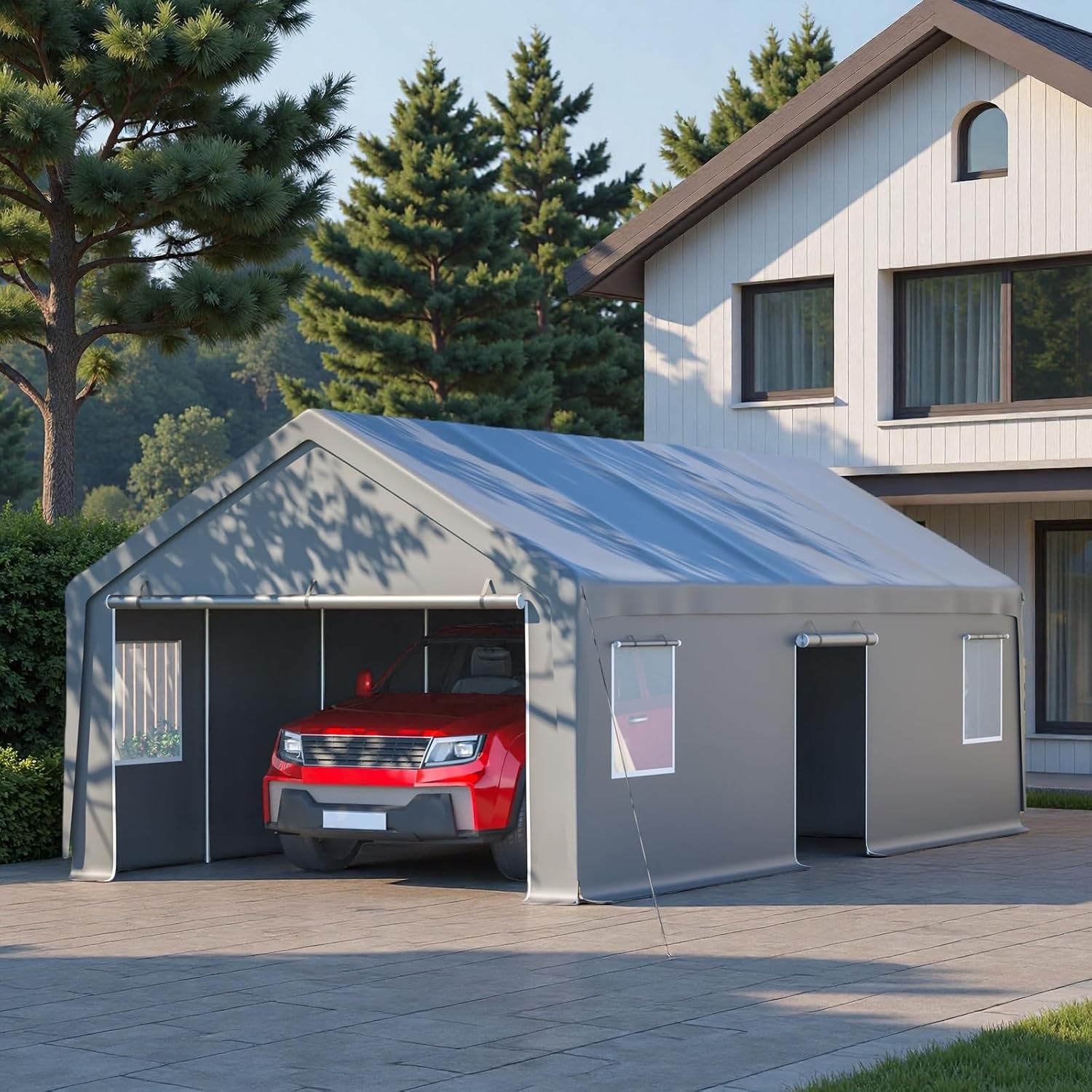 13x26 FT Heavy Duty Carport, Outdoor Storage Shed Tent with 2 Roll-Up Doors, 1 Side Door, Removable End Walls & Windows, All-Weather Portable Garage Shelter with 12-Leg Stability Frame, Grey