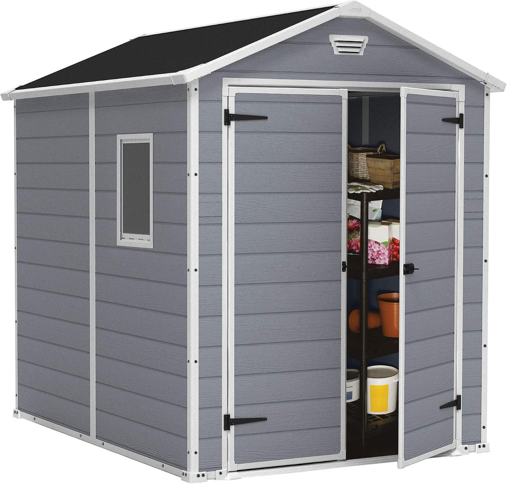 Keter Manor 6x8 Foot All Weather Garden Tool Outdoor Storage Shed with Lockable Double Doors, Fixed Window and Wood-look Resin Walls, Grey