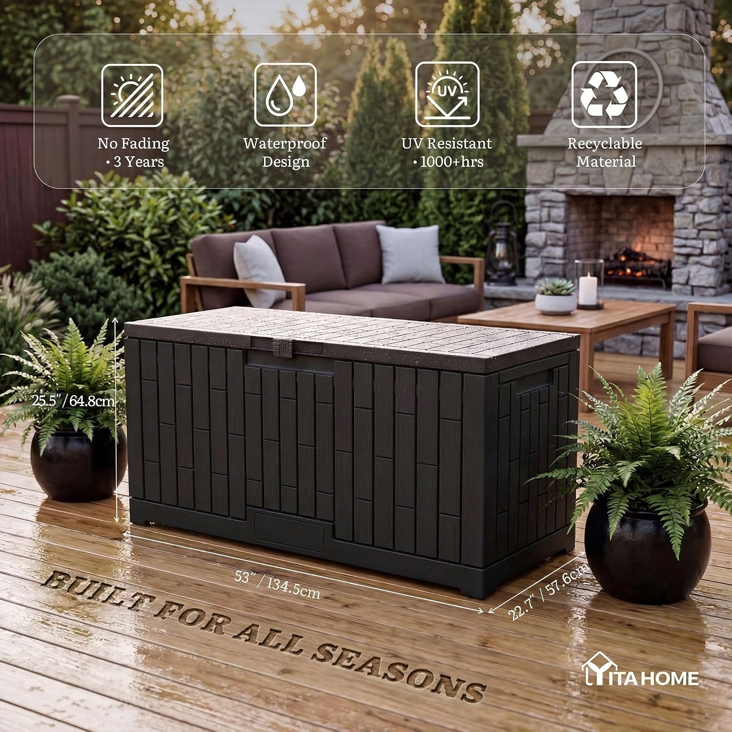 YITAHOME 120 Gallon Large Deck Box, 53'L x 22.7'W x 25.5'H Resin Outdoor Storage Box with Slide-Locking Lid for Patio Cushions, Garden Tools, Pool Supplies, Easy Assembly, Waterproof Lockable, Black