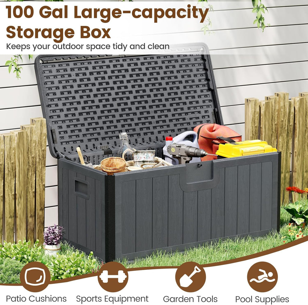 Giantex 100 Gallon Deck Box, Waterproof Resin Box with Lockable Lid, 440Lbs Outdoor HDPE Storage Container Bench for Patio Furniture Cushions, Pool Tools & Garden Accessories (Grey)