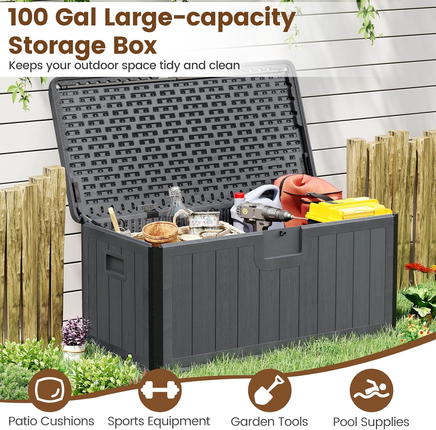 Giantex 100 Gallon Deck Box, Waterproof Resin Box with Lockable Lid, 440Lbs Outdoor HDPE Storage Container Bench for Patio Furniture Cushions, Pool Tools & Garden Accessories (Grey)