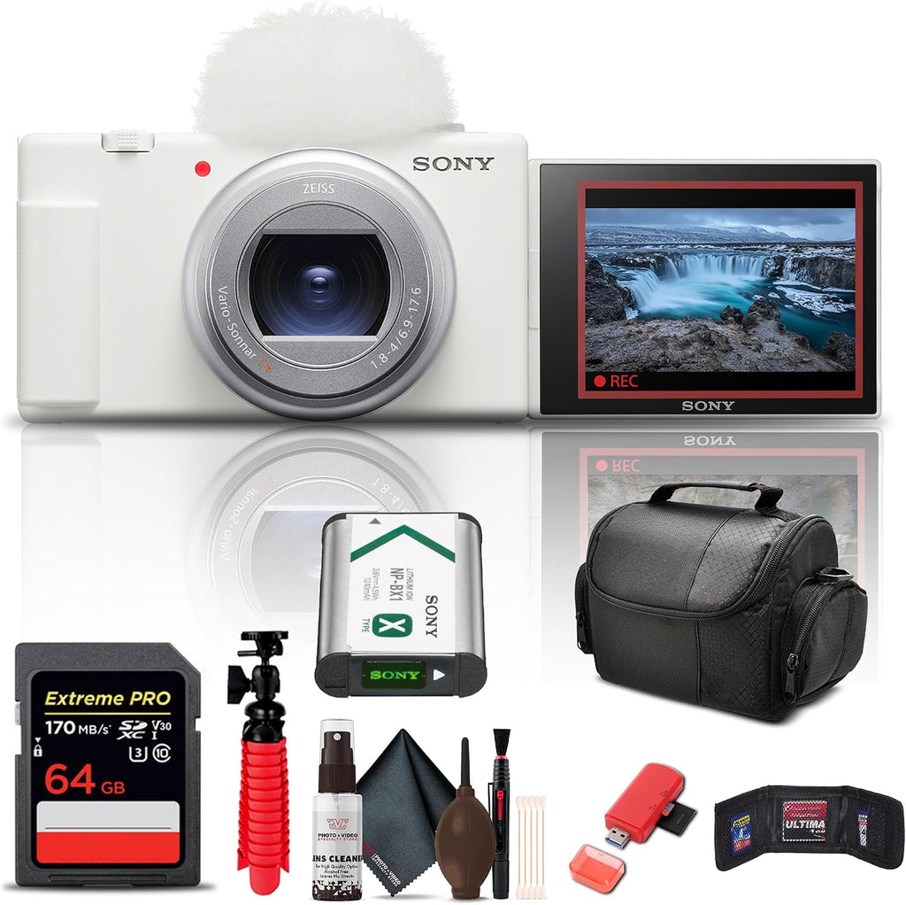 Sony ZV-1 II Vlog Camera for Content Creators and Vloggers (White) (ZV-1M2/W) + 64GB Memory Card + Card Reader + Deluxe Soft Bag + Flex Tripod + Memory Wallet + Cleaning Kit