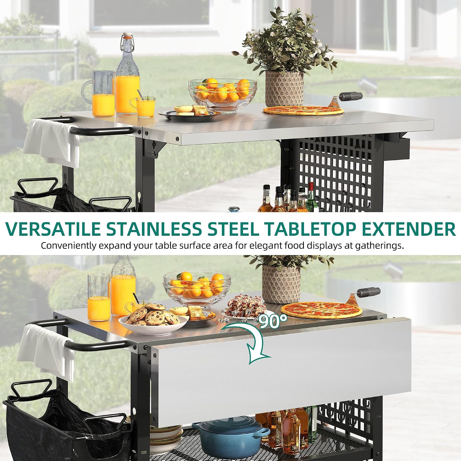 YITAHOME Outdoor Grill Cart Pizza Oven Table with Stainless Steel Top and Drop Leaf, Outdoor Grill Table with Adjustable Three-Tier Shelf and Spice Rack, Movable Bar Table for Patio, Garden, BBQ