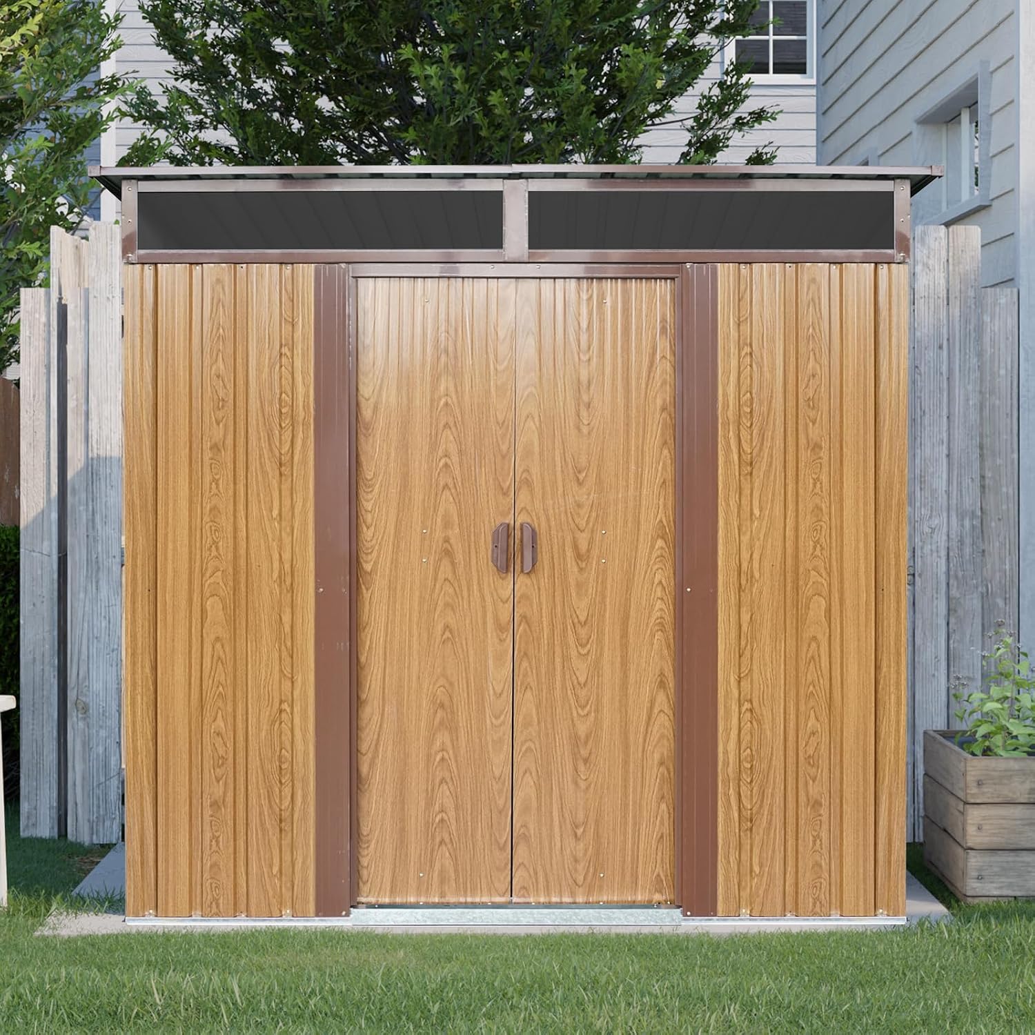 6x5 ft Outdoor Metal Storage Shed with Floor Floor and Window, Lockable Galvanized Steel Tool Shed with Sliding Door, Air Vent and Transparent Plate, Waterproof Garden Storage House for Backyard