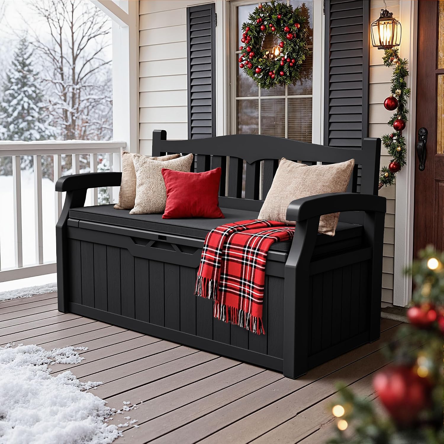 JUMMICO 80 Gallon Resin Outdoor Storage Bench with Cushion, Large Deck Box with Armrest, Lockable&Waterproof for Garden, Home, Patio, Pools (Black, 80 Gallon)