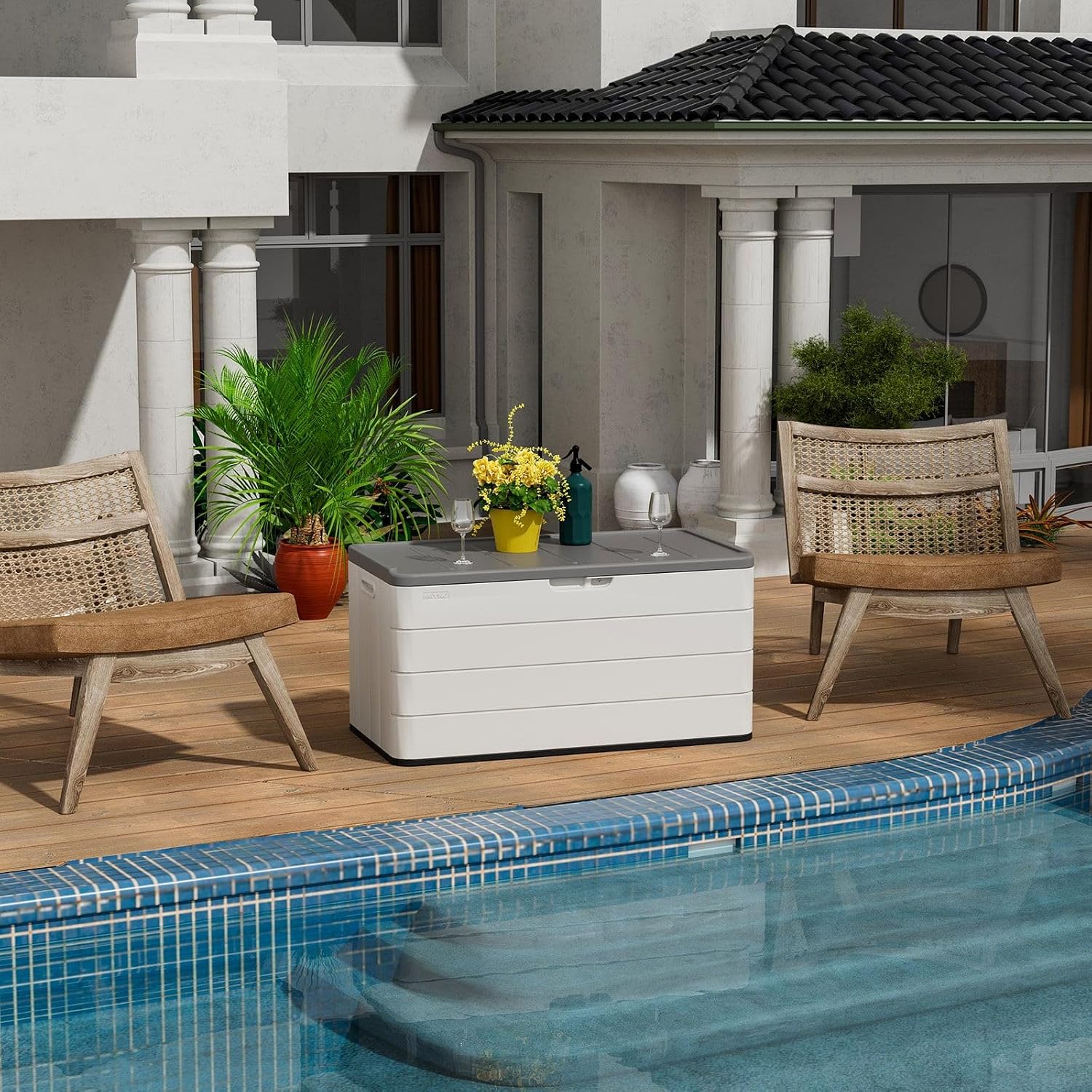 ADDOK Large Resin Deck Box Lockable, Outdoor Garden Storage Box Waterproof, Elegant Storage Bench for Cushions, Garden Tools