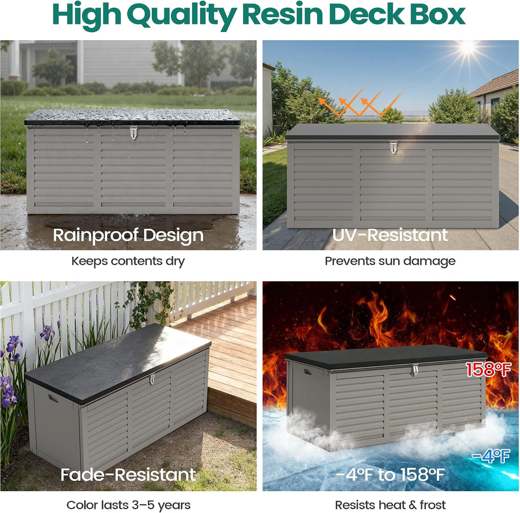 Resin Deck Box 130 Gallon, Lockable & Waterproof Outdoor Storage, UV-Resistant Patio Box for Cushions, Tools, and Outdoor Accessories (Gray)