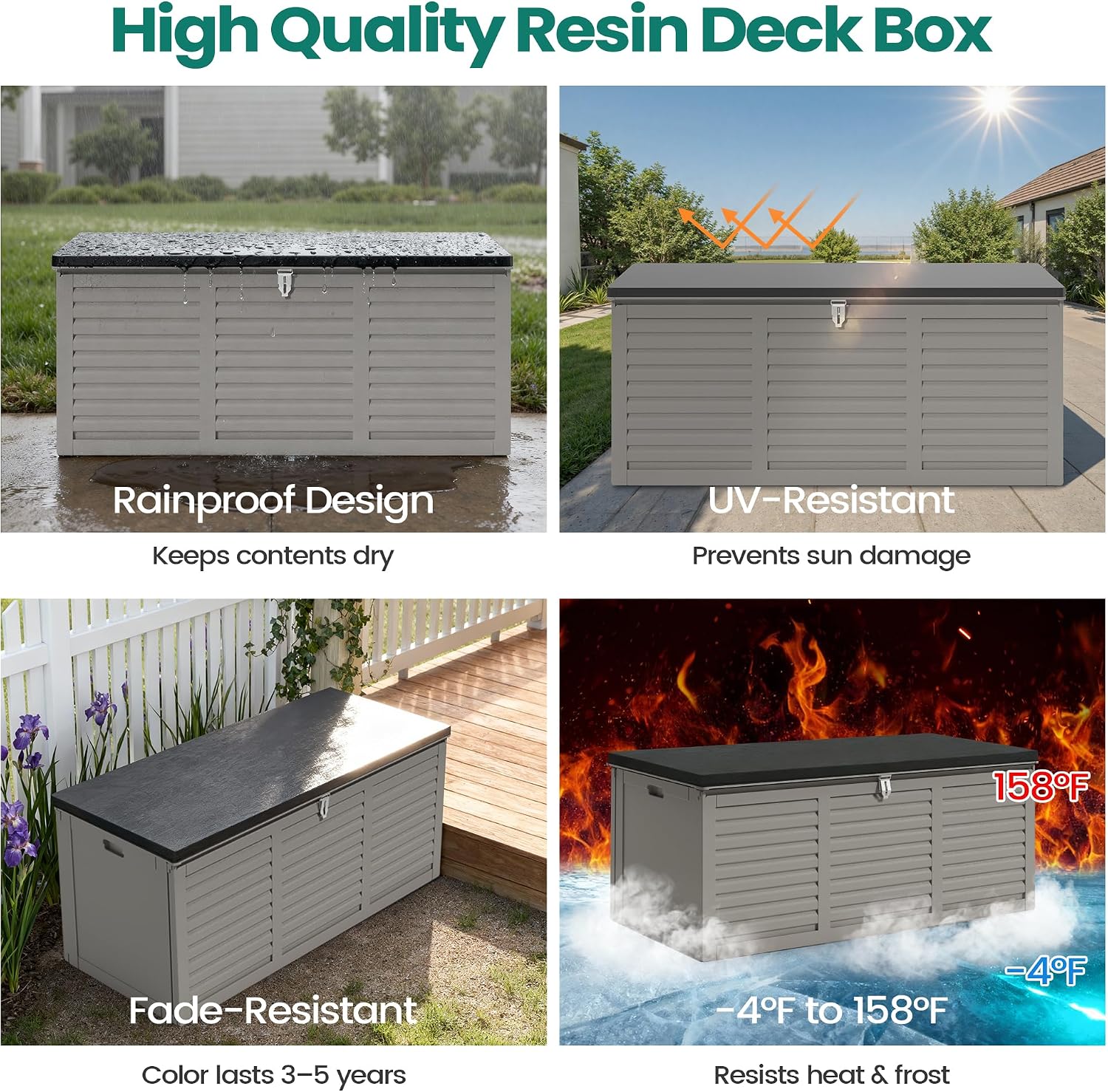 Resin Deck Box 130 Gallon, Lockable & Waterproof Outdoor Storage, UV-Resistant Patio Box for Cushions, Tools, and Outdoor Accessories (Gray)