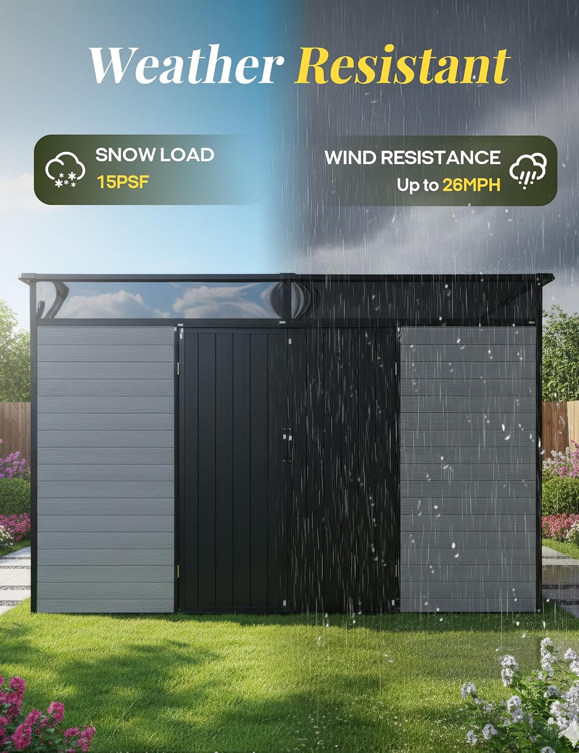 10x7ft Lean to Shed with Floor, Resin Storage Shed with Window and Lockable Door, Plastic Garden Shed for Backyard Patio and Outdoor Tool Storage (Black+Grey)