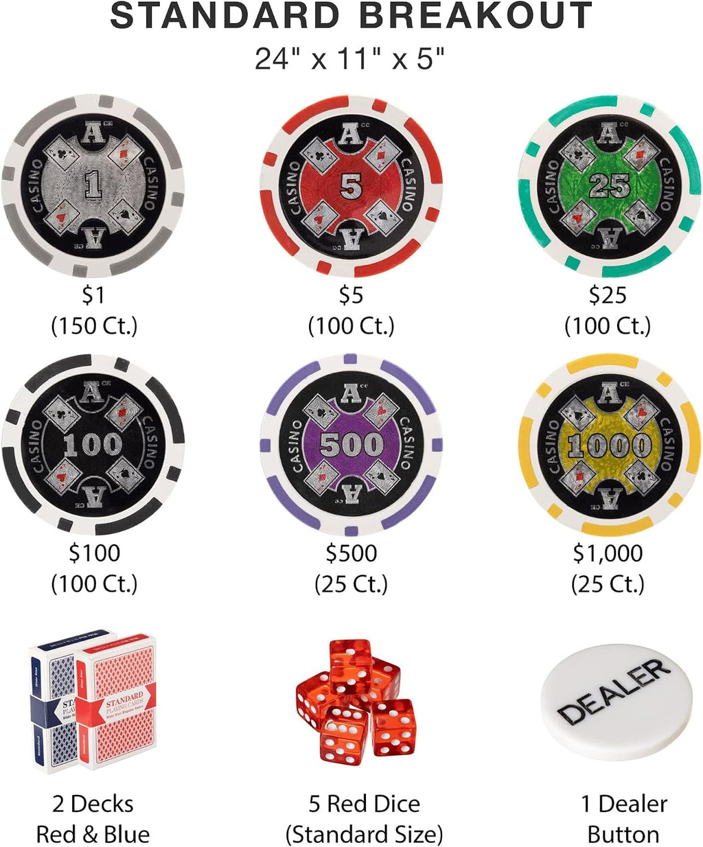 Brybelly 14 Gram 500 Count Poker Set - Ace Casino - 14G Clay Composite Chips with Aluminum Case, Playing Cards, Dealer Button for Poker, Texas Hold'em, Blackjack, Casino Games at Home