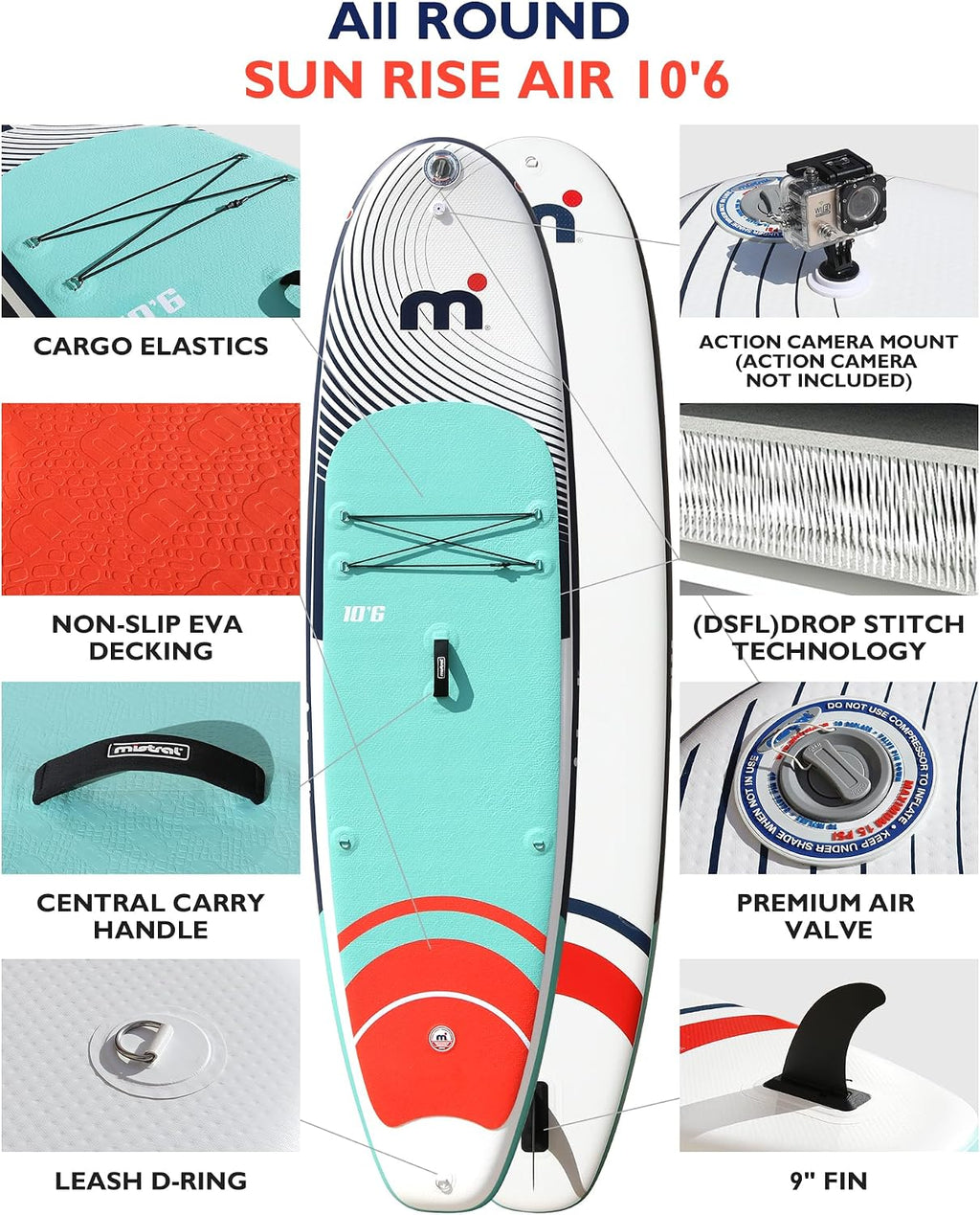 Mistral Inflatable Stand Up Paddle Board, 10'6''x32''x6'' Stable and Lightweight Paddleboard, with Carry Bag, Dual Action Pump, Paddle, Leash, Anti-Slip EVA Deck for Adults & Youth