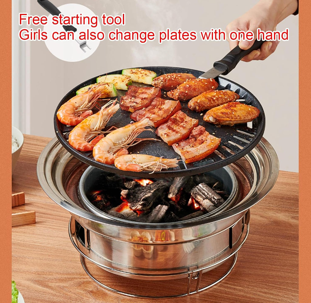 Charcoal Barbecue Grill, Non-Stick Korean BBQ Grill, Portable Stainless Steel Charcoal Stove for Home Party Outdoor Camping