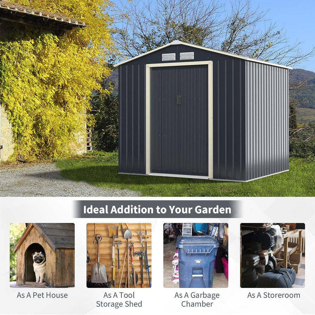 Goplus Storage Shed, Metal 7' X 6' Outdoor Building Organizer with 4 Vents & Double Sliding Door for Garden Backyard Farm (7'X6')