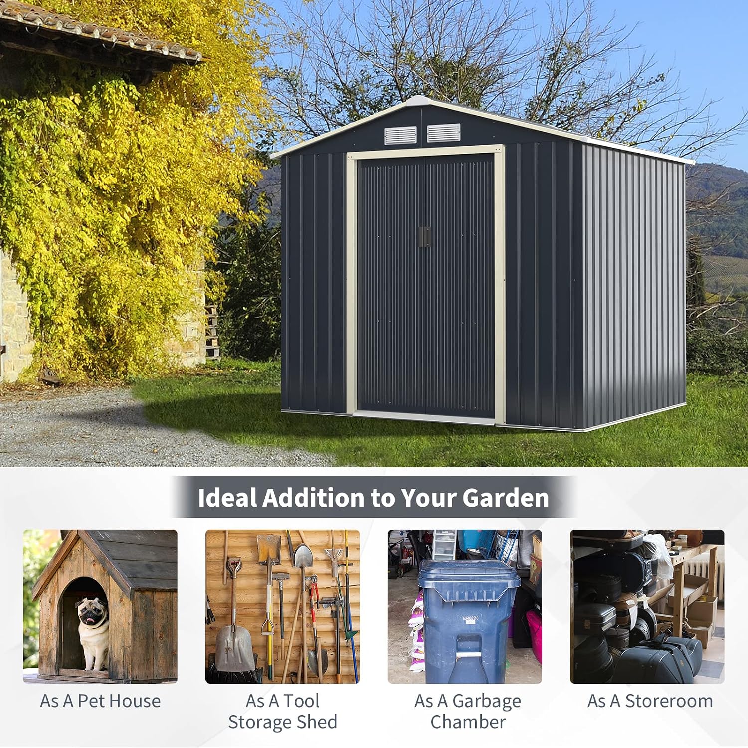 Goplus Storage Shed, Metal 7' X 6' Outdoor Building Organizer with 4 Vents & Double Sliding Door for Garden Backyard Farm (7'X6')