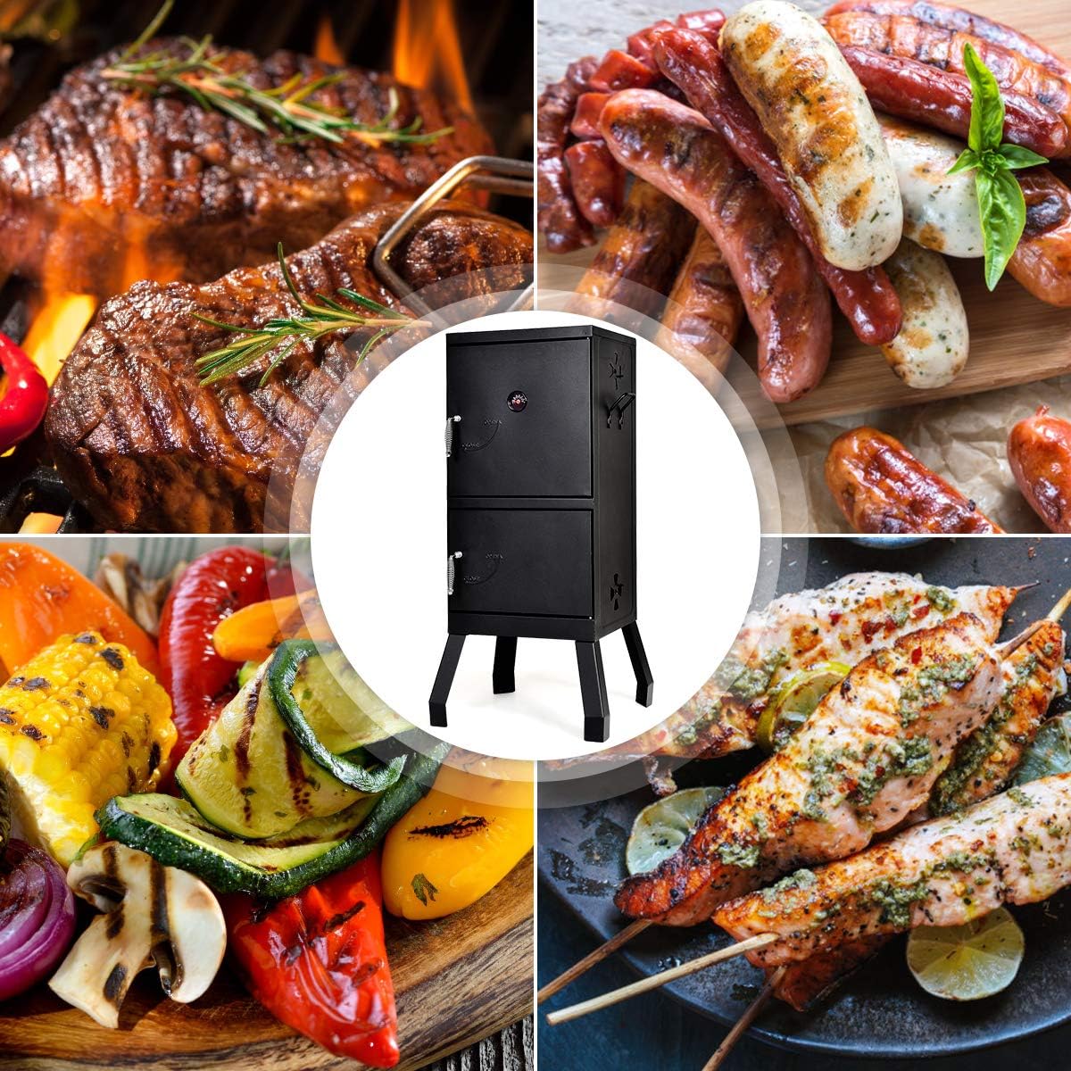DORTALA Vertical Charcoal Smoker, Outdoors Charcoal Barbeque, Smoked Carbon Oven, Iron Structure, w/Two Chrome-plated Nets, Two Charcoal Pots, Suitable for Lawn Picnic, Backyard BBQ (Black)