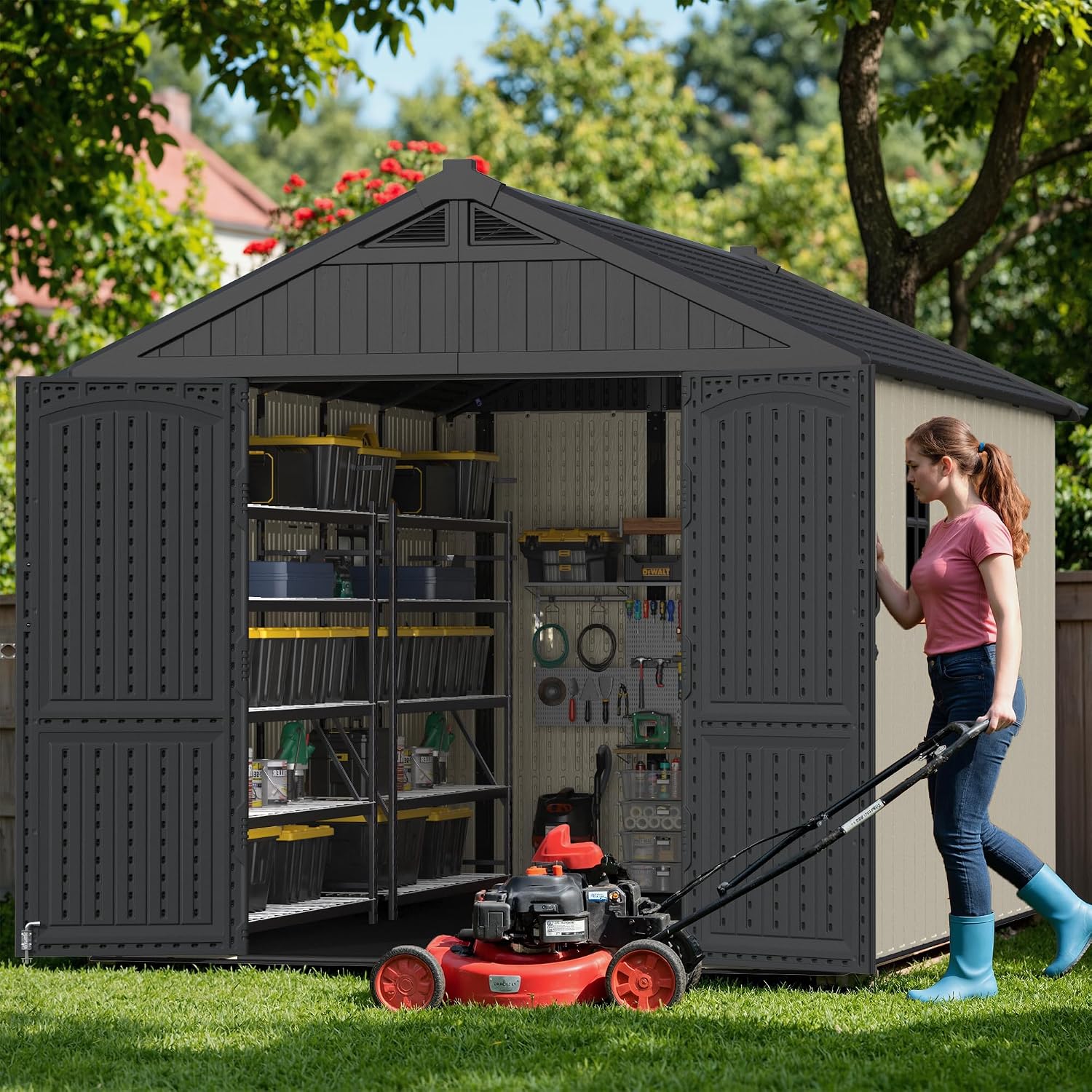 Greesum 8x12 FT Plastic Outdoor Storage Shed with Floor, Resin Sheds with Window and Lockable Door, Weather Resistant Organization for Garden, Patio, Pool Supplies, Beige